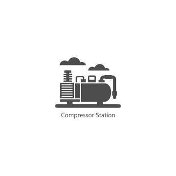 Compressor station icon, industrial gas equipment silhouette, pipeline facility symbol, energy infrastructure logo, factory machinery illustration, vector isolated graphic

