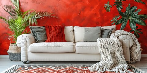 Cozy living room with white couch and red wall decor