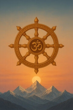 Golden Om Dharma Wheel Floating Above Himalayan Peaks.