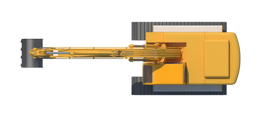 An excavator's yellow arm is shown from above, gripping a dark cylindrical object, isolated on a clean white background