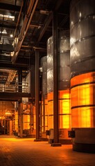 High-Detail Industrial Photo of Silver Heating Tanks and Glowing Furnace