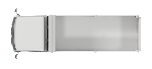 A stark, overhead perspective of an unadorned white truck, highlighting its empty cargo space and driver's cabin