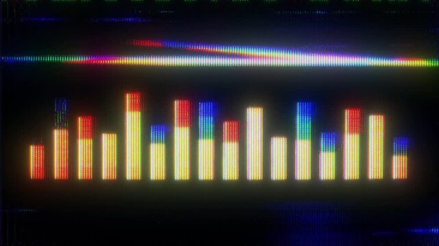 4K Digital Audio Equalizer Glitch Animation with Color Bar Levels Signal Distortion Pixel Noise and Screen Interference as Reusable Interface Overlay Layer for UI HUD Audio Monitoring Systems
