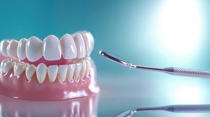 Realistic Dental Model with Bright White Teeth and Dental Tool