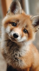 Fototapeta premium cute baby fox head tilt, adorable look, soft daylight, neutral background