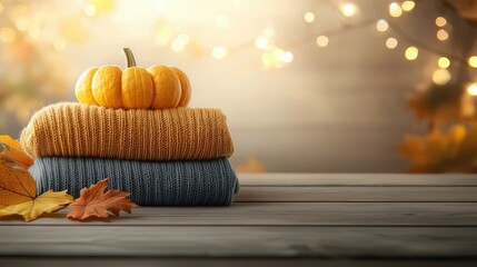 Cozy Autumn Arrangement with Knitwear and Pumpkin on Wooden Table