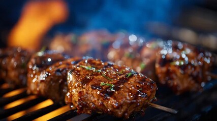 Macro shot of cooked meat skewers sizzling with glossy glaze, visible grill marks, and steam rising subtly, illuminated by moody side lighting on a dark backdrop.