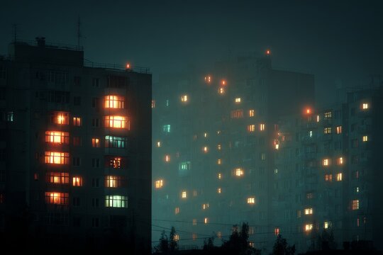 Urban residential buildings with illuminated windows appearing mysterious and lonely in thick fog