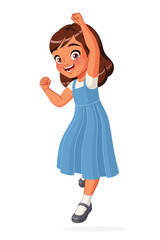 Indian schoolgirl jumping with one hand in the air. Cartoon vector illustration.
