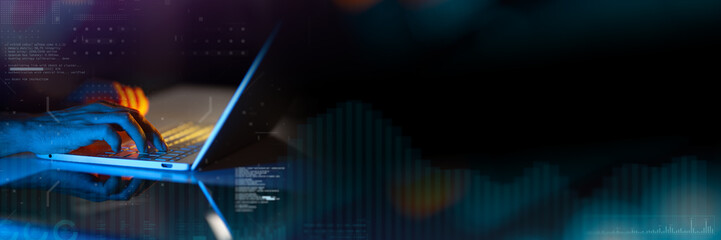 Businessman typing on laptop, overlaid with financial graphs overlay, representing stock market trading, digital finance, data analysis, business growth, and modern investment technology.