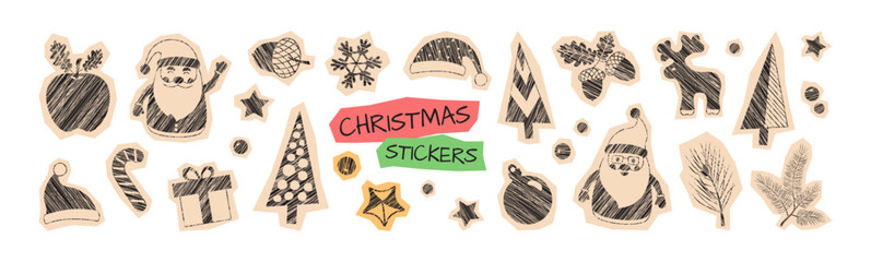 Christmas crayon set, winter chalk scrapbook sticker. Santa hat, Xmas fir tree scribble. Doodle giftbox, ball, apple, holly acorn. Reindeer, snowflake sticker isolated on white bg. Vector illustration © Sylfida