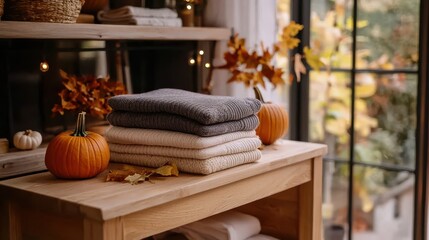 Cozy Autumn Decor with Soft Blankets and Pumpkins in Warm Colors