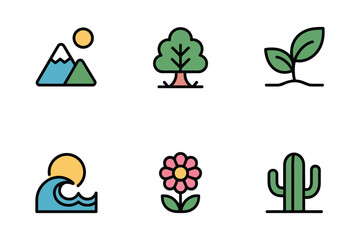 Nature and Environment Colorful Flat Line Icon Set