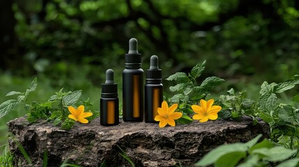 Natural Essential Oil Bottles on Mossy Log Surrounded by Flowers