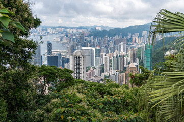 View of Hong Kong and Kowloon from Victoria peak. Panorama of Hong Kong, skyscrapers and nature.