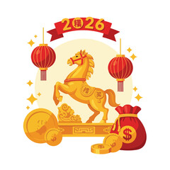 Naklejka premium Illustration of a golden horse with Chinese New Year 2026 icons, including lanterns, coins, and a money bag, on a white background with a red banner.