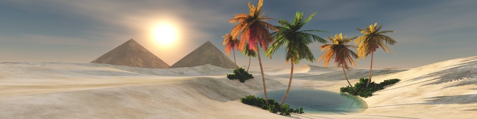 Fototapeta premium Beautiful oasis in the sandy desert, panorama of the desert landscape, sunset over the sands, 3D rendering