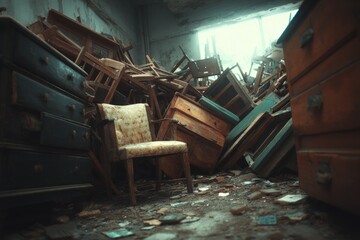 Old furniture and debris filling a dilapidated room, showing neglect and decay