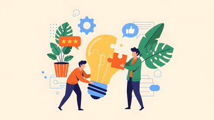 collaborative business team working together to build creative solution and innovative ideas with lightbulb puzzle for startup growth technology and digital transformation success