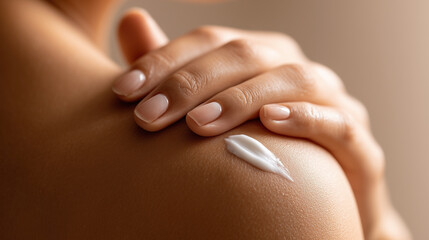 A woman is applying lotion to her arm