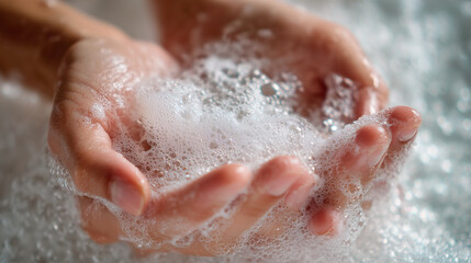 A person's hands are in a bathtub filled with bubbles