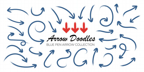 Hand drawn doodle arrows collection checkered paper sheet. Set of blue pen arrow. Artistic stroke arrows for design projects.