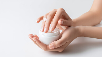 A woman is holding a white jar of cream