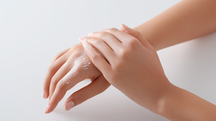 A woman's hands are covered in lotion