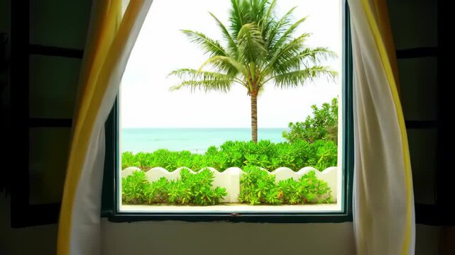 Tropical Paradise Window to the Ocean, Curtains, Palm Tree View
