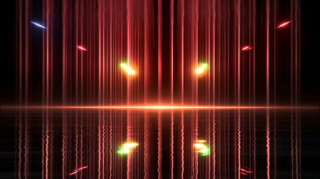 Video of red scarlet horizon disco equalizer textured background with red lines jumping and glowing with music.Slow motion.AI generative.