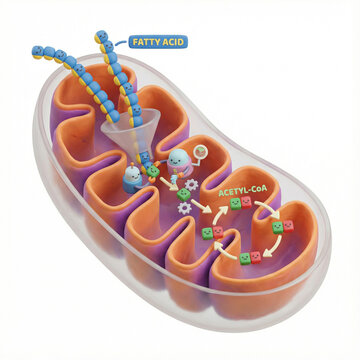 Mitochondrial fatty acid metabolism, showing beta-oxidation processes that convert fatty acids into acetyl-CoA for cellular energy production.