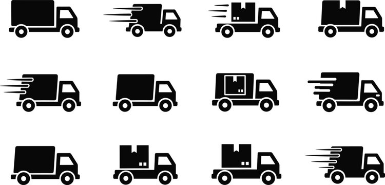 Set of black delivery truck silhouettes featuring various commercial vehicle icons with speed motion lines and cargo box symbols isolated on white background flat vector illustration