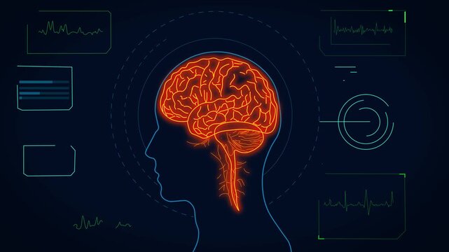 Futuristic Brain Scan Interface With Glowing Neural Visualization.  High-tech medical outline animation of a human head silhouette with a glowing orange brain,  concepts of neuroscience, AI diagnostic