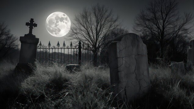 Eerie graveyard scene with tombstones under a full moon.
