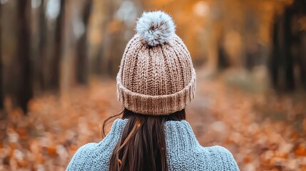 Cozy Autumn Walk in Forest with Woman in Knitted Beanie Hat