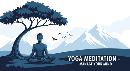 Man practices yoga and meditation in a seated position under a leafy tree with a view of towering snowy mountains in the distance.