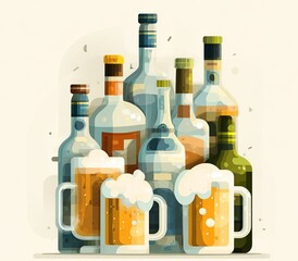 Refreshing Assortment: A captivating assortment of bottles, each holding unique beverages, alongside overflowing mugs of foamy refreshment.