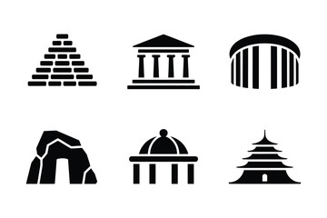 Global landmarks and historic monuments black icon set