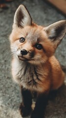 Fototapeta premium cute baby fox looking up, curious mood, soft lighting