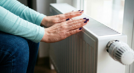 A person warming their hands over a white household radiator during the cold winter season.