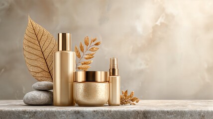 Luxurious gold cosmetic and skincare products, including bottles and jars, elegantly arranged with natural elements on a marble surface.