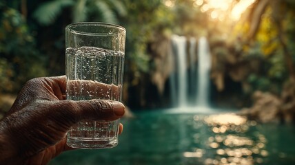 Dark-skinned hand holds a clear glass of sparkling fresh water in a lush tropical jungle with a beautiful natural waterfall and sunlit pool in the soft focus background, emphasizing purity a