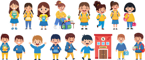 Cheerful Cartoon Style School Children in Various Poses and School Building Illustration