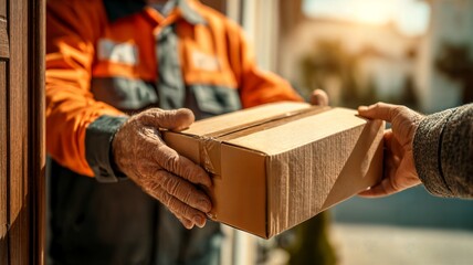 Close-up of a delivery persons hands handing a brown cardboard package to a recipient at a residential doorway on a sunny day.