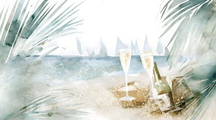 Seaside champagne toast watercolor illustration evokes tranquil luxury beachside elegance modern art stock photo