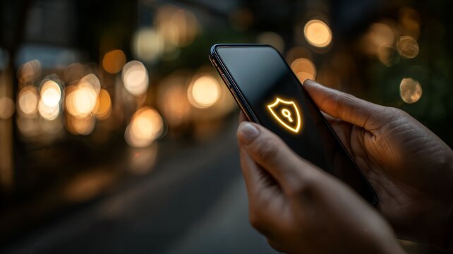Human hands holding a smartphone displaying a glowing digital security shield icon on a dark screen, representing data protection and cyber privacy against a blurred bokeh background. - Powered by Adobe
