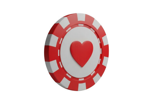 Red poker chip with heart symbol isolated on transparent background for casino and game use