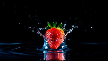 Fresh Ripe Strawberry Hitting Water Surface with Dynamic Crown Splash on Black
