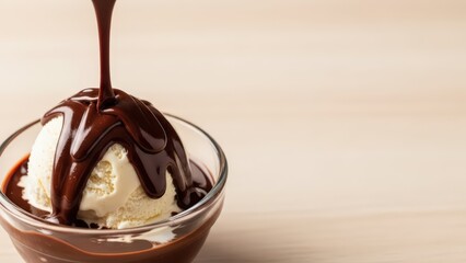 Obraz premium Decadent Vanilla Ice Cream Drenched in Warm Chocolate Sauce