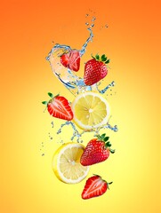 Fresh Strawberry and Lemon Slices in Vertical Water Splash on Yellow Gradient